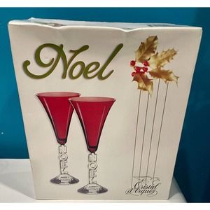 Set of 2 Cris D’Arques Durand NOEL Red Fluted Champagne Crystal Glasses